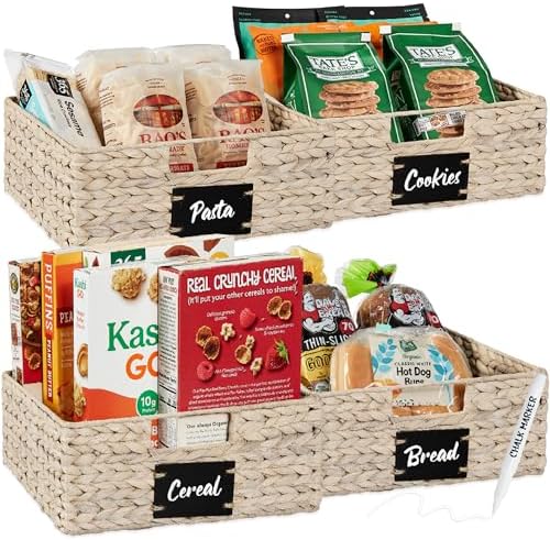 Best Choice Products Set of 4 13x12in Water Hyacinth Pantry Baskets, Woven Organizers w/Chalkboard Label, Chalk Marker - White by BestChoiceProducts