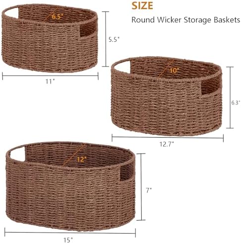 Vagusicc Wicker Storage Basket, Set of 3 Hand-woven Storage Baskets for Organizing, Round Large Wicker Baskets for Storage Decor, Pantry Storage Cubes Organization Baskets for Shelves, Brown - Image 2