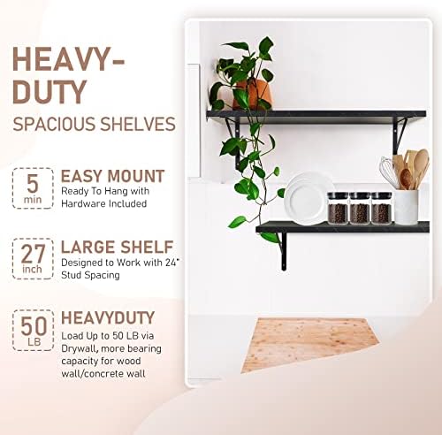 Kaboon 27 inch Long 10 inch Deep Floating Shelves for Wall Set of 2, Large Open Shelves Wall Mounted, Space Saving Home and Commercial Use, Cloud Atlas/Black Marble - Image 4