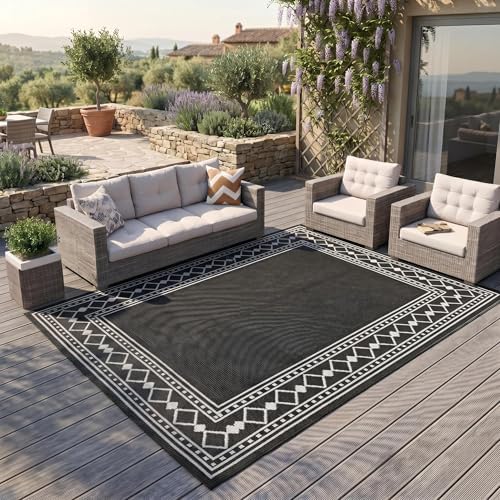 GlowSol 10x14 Outdoor Rug Waterproof Reversible Camping Mat, Plastic Straw Rug for RV Deck Backyard Porch Balcony Lawn & Beach, Easy Cleaning Outdoor Patio Rugs for Outside Decor, Black/White by GLOWSOL
