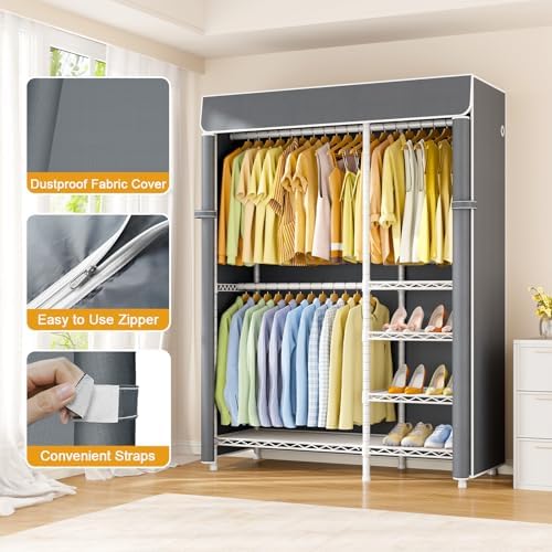 ULIFHOME F2C Clothes Rack with Cover, White Closet with Gray Cover - Image 4