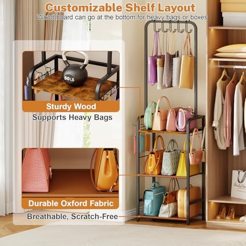 4-Tier Tall Purse Organizer for Closet with 5 Purse Hanger,6 Side Hooks - Image 3