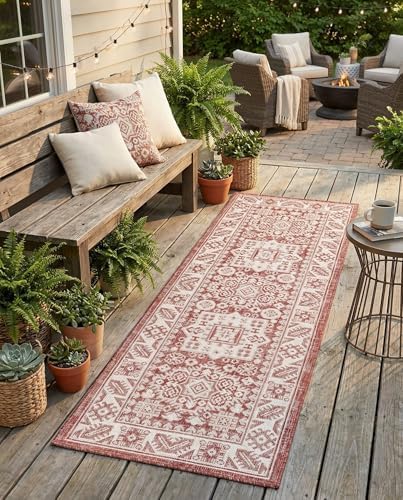 Rugs.com - Outdoor Aztec Rug – 6 Ft Runner Rust Red Indoor/Outdoor Rug – Durable for Patios, Decks, and High-Traffic Hallways by Rugscom