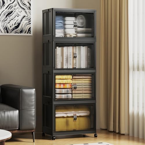 SAILUN 140Qt Stackable Storage Bins,Storage Cabinet with a Lid,4 Pack Black by SAILUN