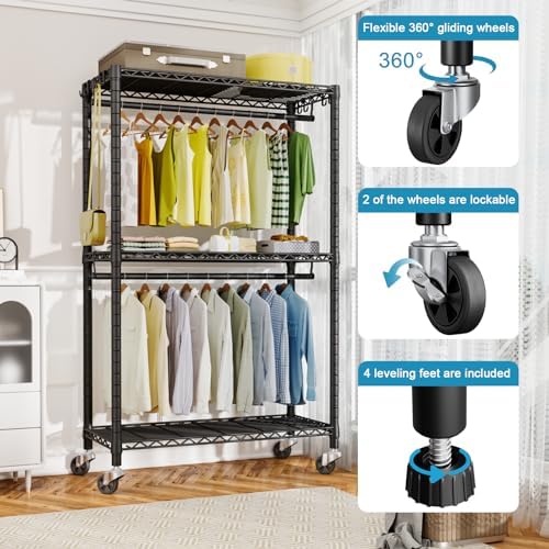 FUTASSI Rolling Clothes Rack, Clothing Racks for Hanging Clothes, Black - Image 4