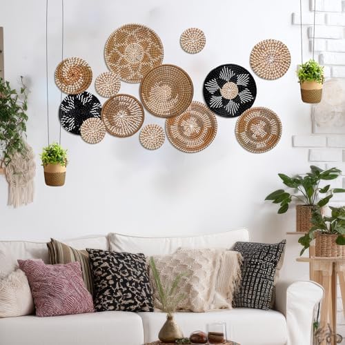 Xuhal 15 Pcs Boho Wall Basket Decor Handcrafted Seagrass Woven Wall Basket Rustic Round Woven Hanging Art for Home Farmhouse Kitchen Table Living Room (Dark Colors Style) - Image 6