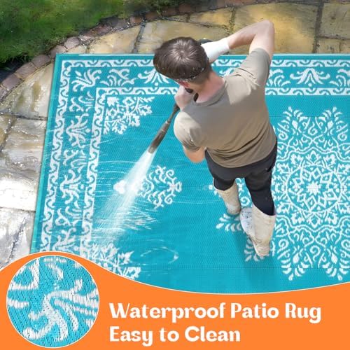 Yamaziot 6x9Ft Outdoor Rug Waterproof Plastic Straw Outdoor Patio Rug, Teal - Image 5