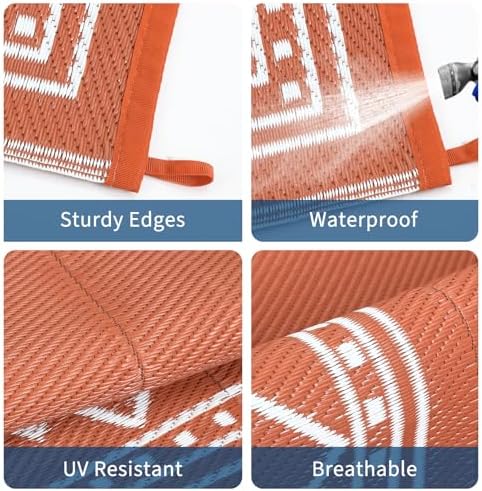 GlowSol 9x18 Outdoor Rug Waterproof Reversible Patio Mat, Heavy Duty Plastic Straw Rug for RV Camping Deck Backyard Beach, Foldable Indoor Outdoor Carpet Stain Resistant Outside Rugs, Orange/White - Image 6