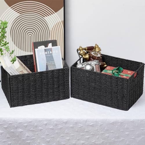 Vagusicc Wicker Storage Basket, Set of 2 Hand-Woven Paper Rope Wicker Basket, Small Storage Baskets for Organizing Toilet Paper Basket, Foldable Large Cube Storage Organizer Bins for Shelves (Black) - Image 7