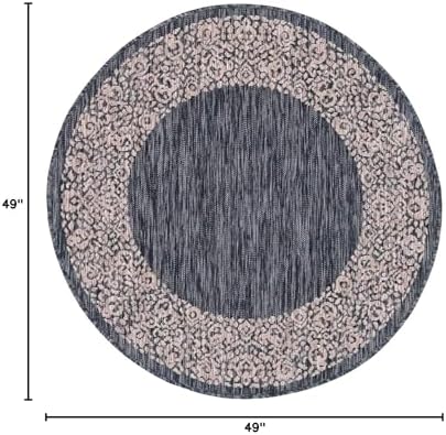 Unique Loom Outdoor Border Collection Area Rug - Floral Border (4' 1" Round, Charcoal Gray/ Beige) - Image 2