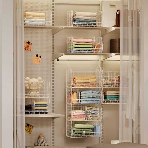 4 Tier Extra Large Hanging Closet Organizer ,Closet Organizer Hanging with 5 S Hooks 4 Dividers,Clothes Organizer Clothing Sweaters Clutches Handbags Hats Accessories-White - Image 2