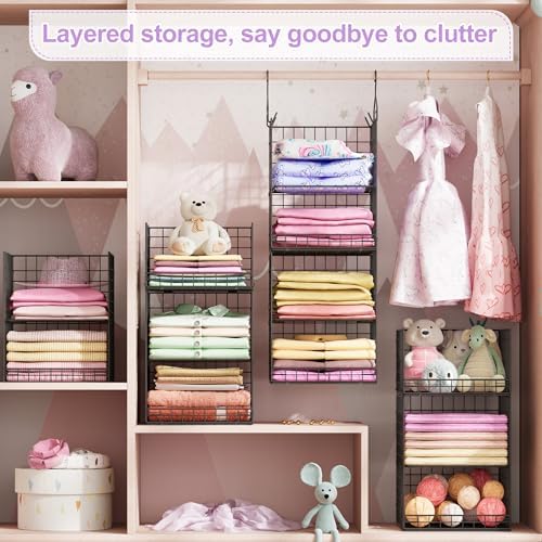 6 Tier Hanging Closet Organizers and Storage Stackable Hanging Closet Shelves with 4 Hooks 2 Adjustable Dividers, Wire Storage Basket Bins for Clothing Purse Sweaters Shoes Socks Dolls, Foldable - Image 7