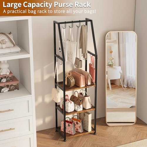 Tall Narrow Purse Organizer Stand with Purse Hanger, High-Capacity Floor-Standing Handbag Rack for Small Spaces | Space-Saving Fashion Bags & Purse Display Organizer﻿(Rustic Brown) - Image 4