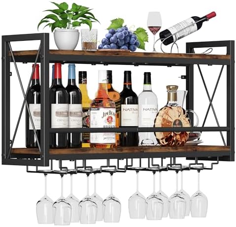 Homeiju Wall Mounted Wine Rack, Bottle & Glass Holder Wood-Metal Retro Wine Rack, Wine Bottles Display Wall Storage for Kitchen Dining Room Home Bar - Image 2