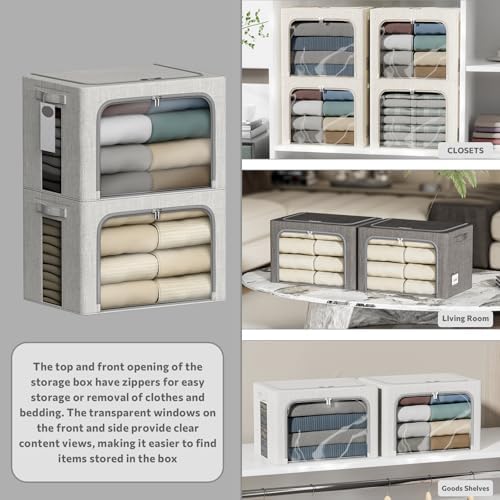 4 Pack Clothes Storage Bins with Metal Frame - 100L Stackable Storage Box with Lid，Foldable Storage Container Organizer for Clothes，Linen Fabric Storage Box with Clear Window＆Zippers＆Handles - Image 2