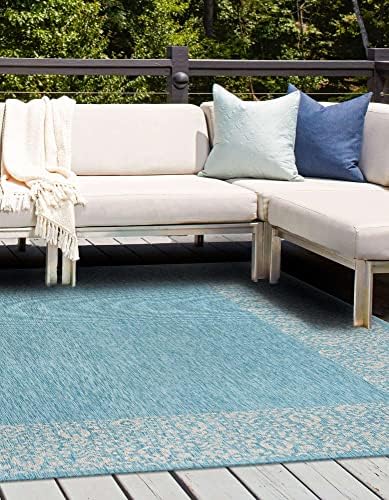 Unique Loom Outdoor Border Collection Area Rug - Floral Border (10' 8" Square, Aqua/ Ivory) - Image 4