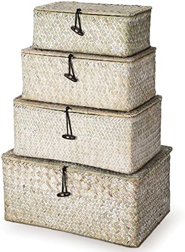Woanger Set of 4 Wicker Baskets with Lids, White by Woanger