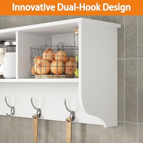 Wall Mounted Coat Rack with Shelf - Wall Hooks with Shelf, Entryway Hanging Shelf with 4 Dual Hooks for Clothes Hats Towel Purse Robes, Bathroom Mudroom Bedroom - 39"x8"x14" (White) - Image 5