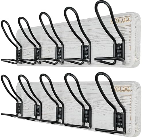 SKOLOO Durable Wall Coat Rack with 5 Double Hooks - Heavy-Duty Iron, No Assembly Required, Ideal for Family Entrances, Mudrooms, Classrooms & Hallways - Scratch/Chip Resistant Finish, White, Pack of 2 by SKOLOO