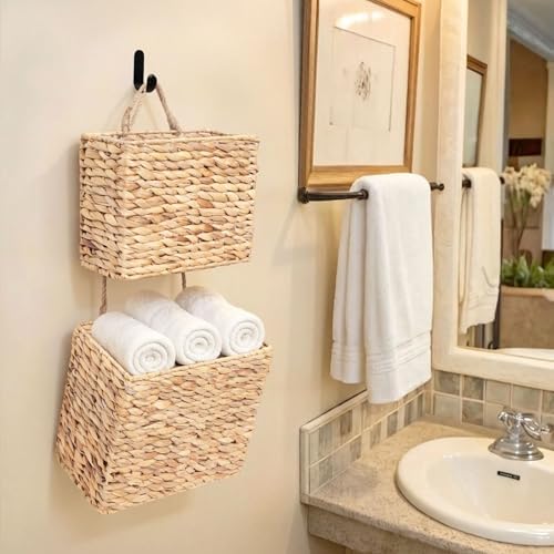 YAHUAN Woven Water Hyacinth Hanging Basket 2-Tiered Rectangular Storage Baskets Over the Door Organizer Hanging Organizer Hanging Wall Basket for Home,Kitchen,Garden, Office (Rectangular) - Image 5