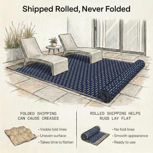 Fab Habitat Stripe Coastal Colorful Outdoor Rug - Waterproof, Crease-Free Fade Resistant, Reversible - Recycled Plastic - Patio Porch Balcony Deck Yard Garden - Montauk Navy & Sand - 5x8 ft - Image 4