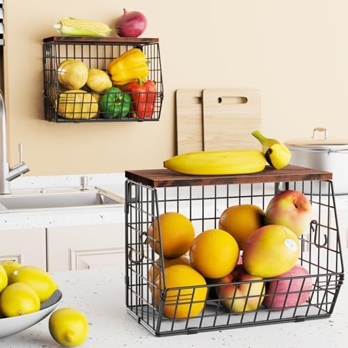 Mefirt 2pcs Fruit Basket Kitchen Storage Basket with Wood Lid - Image 3
