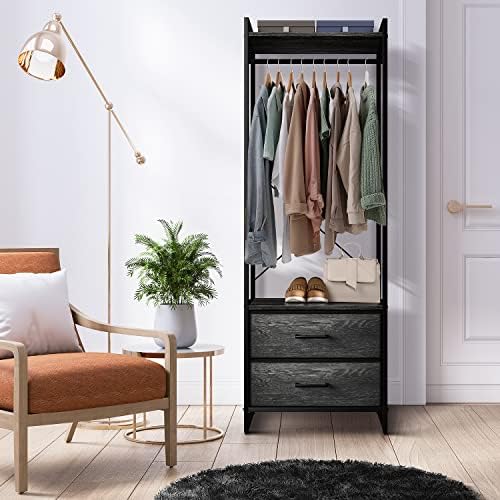 Sorbus Tall Clothing Rack with Drawers, Wood Top (Rustic Black) - Image 5