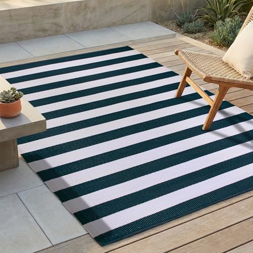 FH Home Outdoor Rug - Waterproof, Fade Resistant, Reversible - Premium Recycled Plastic - Striped - Large Patio, Deck, Sunroom, Camping, RV - Brittany Stripe - Blue & White Crease Free - 6 x 9 ft by FHHome