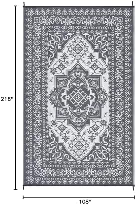 Outdoor Plastic Straw Rug 9x18 Large Washable Floor Mat Medallion Waterproof Rug for Patio Reversible Rug for Outdoors RV Beach Patio Camping Backyard Deck Picnic Camping Outside Grey White - Image 2
