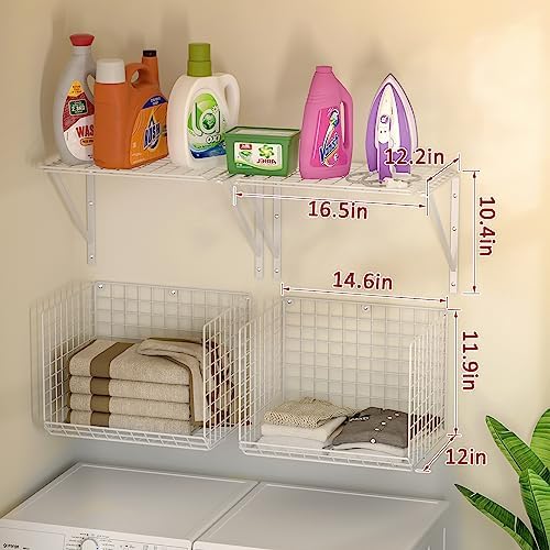 2 Pack Laundry Room Shelves Wall Mounted with Wire Baskets, Over the Washer and Dryer Shelf with Clothes Drying Rack, 8 Hooks，Wire Shelves Baskets for Laundry Closet Organization and Storage, White - Image 3