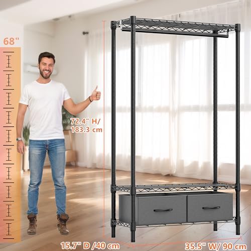 M MZG Heavy Duty Rolling Garment Rack 3 Tiers Adjustable Wire Shelving with Rod, Storage Closet Clothing Rack with Drawers Dark Grey, 15.8" D x 35.5" W x 72.4" H - Image 6