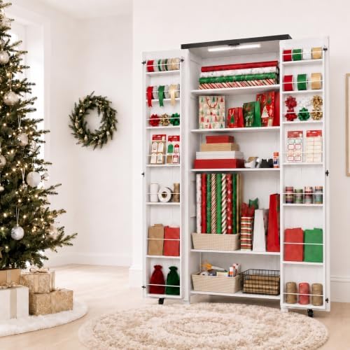 FIMELLO 71" H Gift Wrap Storage Cabinet, Craft Storage Cabinet,White Grain by FimelloHome