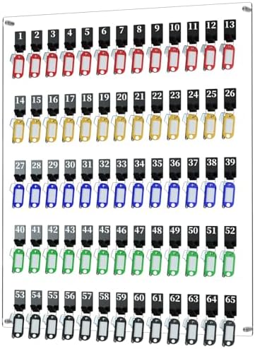 65 Hooks Acrylic Key Board with Numbers, Wall Mount Key Holder Rack with 65 Tags, Key Storage Organization, Clear Hanging Board for Garage, Car Dealer, Office, Home, Hotel, Real Estate, School by Nalwort