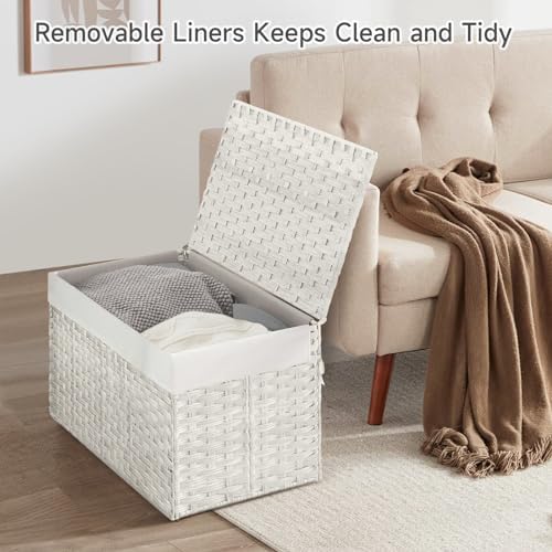 180L Wicker Storage Basket with Lid, Handwoven Rattan Large Shelf Basket with Removable Liner, 47.6 Gallon Wicker Basket for Blanket, Storage Trunk with Handle for Closet, Bedroom, Livingroom, White - Image 2