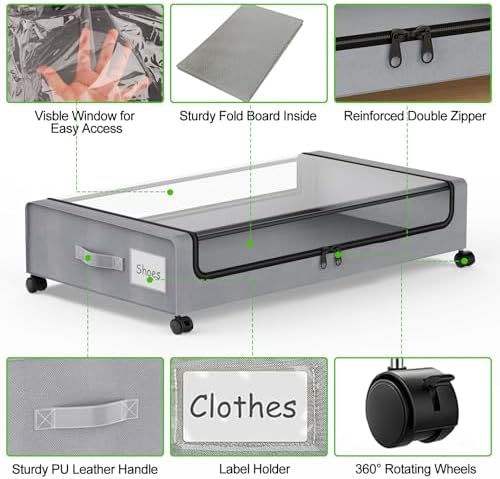 Molutsody Under Bed Storage with Wheels, 4-Pack Underbed Storage Containers with Clear Lids, Under Bed Shoe Storage Organizer, Rolling Under Bed Storage for Clothes Shoes Blankets (Grey) - Image 4