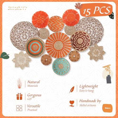 Anglechic 15 Pcs Boho Wall Basket Decor Woven Rattan Seagrass Wall Decor Hanging Rustic Farmhouse Western Art Decoration for Nursery Living Room Bedroom Home Kitchen(Orange Style) - Image 2