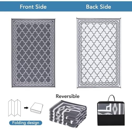 Reversible Mat 8x10 Plastic Straw Rug Outdoor Moroccan Trellis Area Rug Waterproof Patio Rug Outdoor Camping Rug for RV Porch Deck Camper Balcony Backyard Easy Cleaning Picnic Mat Grey White - Image 6