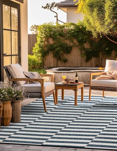 Unique Loom Outdoor Striped Collection Area Rug - Striped (10' Square Blue/Ivory) - Image 3