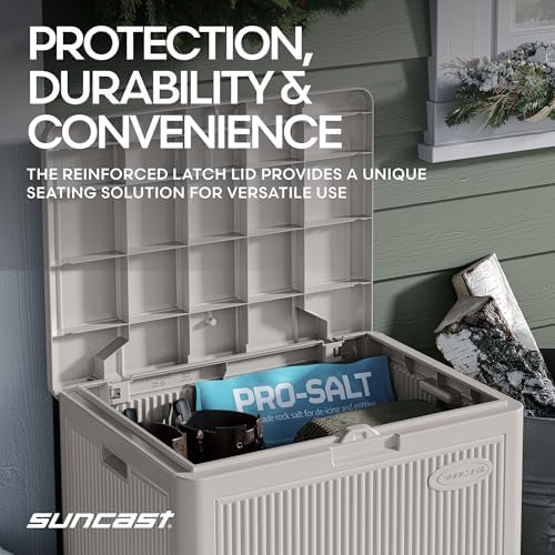 Suncast 22 Gal, Small Outdoor Storage Deck Box, Resin Reeded, French Gray - Image 5