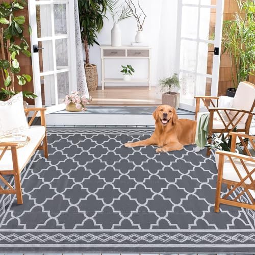 GlowSol Reversible Outdoor Rug 8x10 ft Clearance, Waterproof Outdoor Plastic Straw Rug with Carry Bag, Modern Geometric Patio Rug,RV Mat for Porch,Deck,Backyard,Camping,Balcony,Deck,Backyard,Grey - Image 7