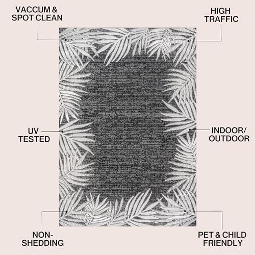 JONATHAN Y Tuscan Sun Polypropylene Indoor Outdoor Area Rug, Dark Gray and Ivory Isla Coastal Cottage Palm Frond Border Design, 5'3" x 7'7", Durable Low-Pile for Patio or Entryway TSN207D-5 - Image 2