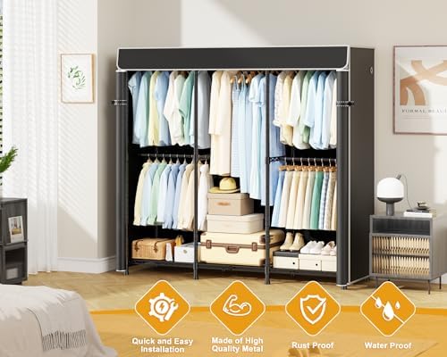 ULIFHOME E14C Heavy Duty Closet Organizer System，Freestanding Clothing Racks for Hanging Clothes，Adjustable Garment Rack 58" W × 16" D × 77" H Hold 860 lbs，Black Rack with Black Dustproof Cover - Image 4