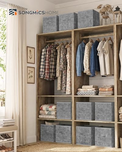 SONGMICS HOME Foldable Storage Cubes Set of 10, Fabric Shelf Organizer Bins with Handles, Closet Storage Boxes for Clothes, 13.2 x 13.2 x 13.2 Inches, Gray - Image 2