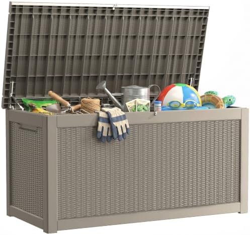 320 Gallon Deck Boxes Outdoor Waterproof, Outdoor Storage Box with Lockable Lid & UV-Resistant for Patio Furniture, Outdoor Cushions, Garden Tools and Pool Supplies, Light Brown by GraceYourYard
