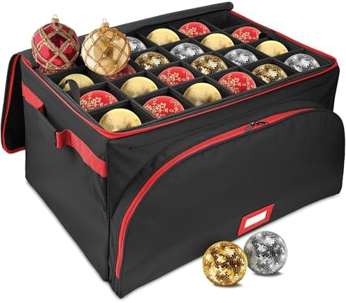 HOLDN’ STORAGE Premium Christmas Ornament Storage Box – Holds up to 72 4” Ornaments, Durable 600D Fabric, Adjustable Dividers, 3 Removable Trays – Metal Frame – Black by HOLDN%E2%80%99STORAGE