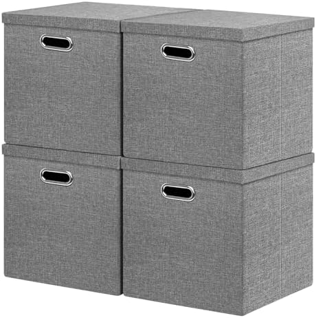 Linen Storage Bins with Lids,13 x 13 Inch Foldable Fabric Cube Baskets Boxes Organizer for Closet, Shelves, and Home. (Gray, (13x13) 4 pack) by EITMOW