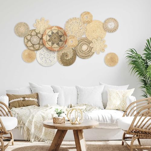Xuhal 15 Pcs Boho Wall Basket Decor Handcrafted Seagrass Woven Wall Basket Rustic Round Woven Hanging Art for Home Farmhouse Kitchen Table Living Room(Classic Style) - Image 5