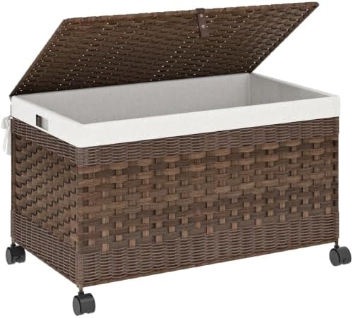 HOOBRO Storage Basket with Lid, 42.3 Gallon (160 L) Woven Storage Bin with Wheels, Wicker Basket with Handles, Foldable, Removable Liner, Metal Frame for Bedroom, Laundry Room, Brown BR246CW01 by HOOBRO