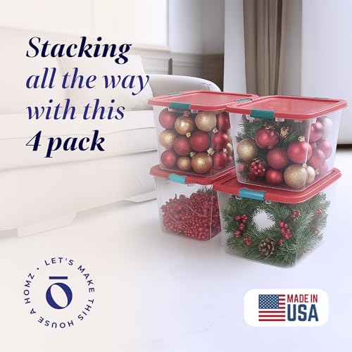 HOMZ Holiday Tote Plastic Storage Bin with Lid, 31 Qt, Clear/Red, 4 Pack - Image 2