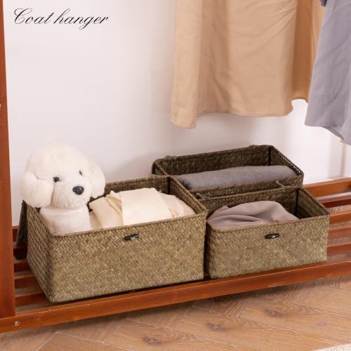Nonam Wicker Storage Basket with Lid,Seagrass Shelf Basket Set of 3,Coffee - Image 6